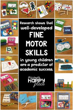 many different pictures of children's toys and books with the words fine motor skills in them