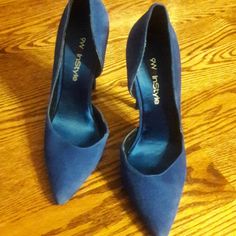 Blue Suede, Never Worn Chic Blue Court Shoes With Round Toe, Blue High Heel Court Shoes With Padded Heel, Blue Closed Toe Office Heels, Blue Closed Toe Heels For Office, Blue Suede Heels With 4-inch Heel, Blue High Heel Court Shoes For Office, Blue Pointed Toe Court Shoes With 4-inch Heel, Blue Padded Heel Office Heels, Chic Blue Closed Toe Court Shoes