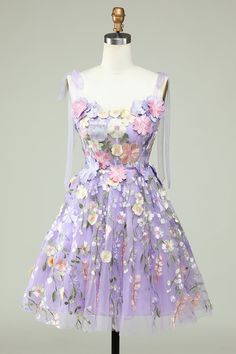 Lavender Homecoming Dress, Party Dress Purple, Dress With 3d Flowers, Purple Corset, Mini Homecoming Dresses, Blue Corset, Dress Up Day, Chic Gowns, Short Homecoming Dress