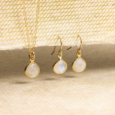 "Moonstone Necklace and Drop Earrings Matching Set - Delicate, Dainty, minimalist, simple gold jewelry gift for wife, girlfriend, daughter This listing is for a SET and includes both a pair of earrings and necklace. Gemstones: Rainbow Moonstone Bezel: Vermeil Gold (14k Gold over Sterling Silver) Note that due to the handmade nature of these genuine stones, measurements/color are approximately and might vary slightly for each stone. Necklace: Drop Gemstone: 11mm x 9mm Gold chain: 14k gold filled Delicate Moonstone Gold Jewelry, Delicate Gold Moonstone Jewelry, Dainty Gold Moonstone Jewelry, Simple Gold-plated Hypoallergenic Jewelry, Simple 14k Gold Drop Earrings, Simple Hypoallergenic Gold Plated Jewelry, Delicate Jewelry With Matching Earrings For Her, 14k Gold Filled Birthstone Jewelry For Her, 14k Gold Filled Birthstone Jewelry Gift For Her