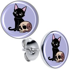 Product Details Hypoallergenic jewelry for sensitive skin.Skull Cat Stud Earrings Add some witchy wonder to your look with these stud earrings for pierced lobes. They're made with stainless steel straight posts with friction backs for a secure fit. Each one features a black cat, perched next to a creepy skull. They are depicted on a blue background to really make the details pop. You'll cast a spell of style when you're rocking these fantastic, feline and skull stud earrings. Sold as a set of tw Creepy Skull, Cat Stud Earrings, Cat Earrings Studs, Cast A Spell, A Black Cat, Hypoallergenic Jewelry, Earring Sale, Unique Earrings, 14kt Gold