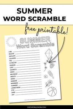 the summer word scramble printable is shown in black and white