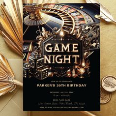 a black and gold casino birthday party card with the words game night written on it