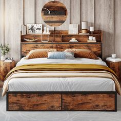 a bed sitting in a bedroom next to a wooden wall