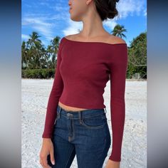 Fitted Off-The-Shoulder Long Sleeve Shirt In Ribbed Cotton. Fabrics: 100% Cotton Measurements: 14" (36 Cm) Length, 12" (30 Cm) Bust Made In: Europe Fall Season Red Off-shoulder Tops, Red Off-shoulder Tops For Fall, Fall Off-shoulder Red Tops, Casual Fitted Off-shoulder Crop Top, Winter Fitted Off-shoulder Tops, Red Fitted Off-shoulder Top, Fitted Off-shoulder Winter Tops, Red Off-shoulder Tops, Winter Off-shoulder Fitted Crop Top