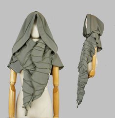 The hooded scarf has an oversized hood. The scarf is great long and width. This creation is completely made out of my organic cotton offcuts with makes it a unique one of a kind piece.  With inside out seaming what gives this piece a sculpture feeling. You will look lovable in this design. It is an easy to wear piece that you can combine with almost every wardrobe. This piece will bring you closer to the fairytale in modern times.  Designed and handmade by Solmode. * Material: Thick green organi Jersey Patchwork, Giant Scarf, Hoodie Patchwork, Victorian Shawl, Victorian Cape, Hood Scarf, Strega Fashion, Cold Fits, Concept Clothing