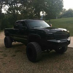 a black truck parked on top of a dirt road next to a lush green field