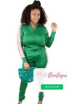 A tracksuit for the ladies who love pink and green. No worries we're the trackhouse we have several tracksuits in a variety of colors available. Pink Tracksuit, Jogging Suits, Comfy Sets, Casual Wear Women, Jogging Suit, Sorority Gifts, Green Outfit, Pink Stripes, Small Tops