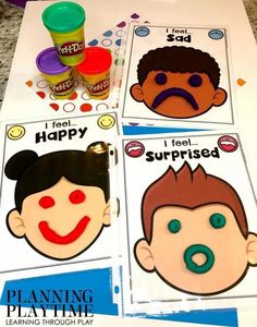 four children's playtime activities with the words i am happy and i feel surprised