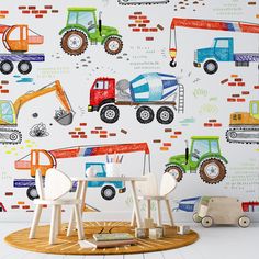 children's wallpaper with trucks and construction vehicles