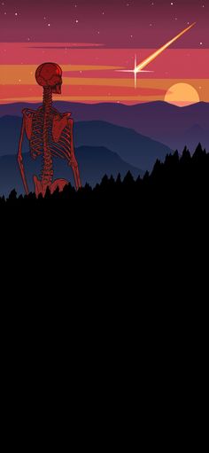 a skeleton is standing in the middle of a field at night, with mountains and stars in the background