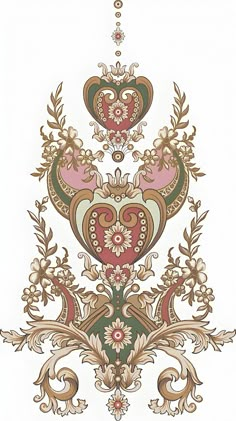 an intricately designed wallpaper design in gold, red and green colors on a white background