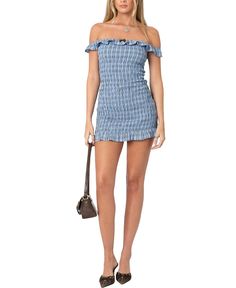 Find EDIKTED Off Shoulder Scrunched Plaid Mini Dress on Editorialist. The Edikted Off Shoulder Scrunched Plaid Mini Dress is a stylish and versatile piece that can be dressed up or down. The dress features an off-the-shoulder neckline, a scrunched bodice, and a mini length. It is made from a comfortable blend of 50% Polyester and 50% Rayon. Chic Ruched Smocked Dress For Date Night, Fitted Smocked Dress With Ruched Bodice For Day Out, Summer Smocked Mini Dress For Date Night, Fitted Blue Mini Dress With Smocked Back, Summer Smocked Mini Dress With Ruched Bodice, Summer Mini Smocked Dress With Ruched Bodice, Summer Smocked Dress With Ruched Bodice Fitted, Ruched Smocked Dress For Day Out, Summer Smocked Ruched Dress For Date Night