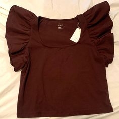 Brown Top From A New Day, Double Flutter Sleeves, Slim Fit Blouse, Never Worn, Still Has A Tag, Great Condition. Length: 18 1/4 Chest: 16 Casual Cotton Top With Butterfly Sleeves, Casual Cotton Tops With Butterfly Sleeves, Fitted Cotton T-shirt With Ruffle Sleeves, Brown Shirt, Fitted Blouses, Brown Top, Flutter Sleeves, A New Day, Flutter Sleeve