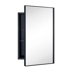 the medicine cabinet is black and has a mirror on it's front side,