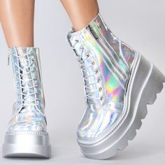 Lasr Exclusive Radio Chromatica Silver Platform Boots - 3" Platform, 2” Platform - Vegan Leather Upper - Holographic Silver Detail Contrast - Easy Slip-On And Lace Upfront - Cape Robbin Logo - Fully Lined Microfiber Inner - Padded Insole For Comfort - Rubber Sole With Major Traction Platform Sole - Metal Zipper Closure - Silver Hologram Rainbow Platform Shoes, Metallic Rave Outfits, Warframe 1999, Hologram Outfit, Neon Apartment, Holographic Outfit, Slay Shoes, Metallic Clothes, Rainbow Boots