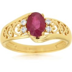 Royal 14K Yellow Gold Ruby & Diamond Ring - 1.00 Carat Total Gem Weight Elegant Gold Ruby Ring With Center Stone, Dazzling Yellow Gold Ruby Ring For Formal Occasions, Dazzling Yellow Gold Ruby Ring For Formal Events, Elegant Ruby Jewelry With Center Stone, Elegant Ruby Center Stone Ring, Elegant Ruby Ring With Diamond Accents For Anniversary, Formal Yellow Gold Ruby Ring With Cubic Zirconia, Elegant Gold Ruby Ring With Prong Setting, Elegant Ruby Rings With Diamond Accents