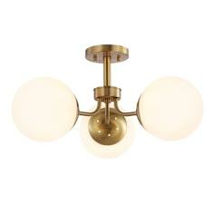 three light brass ceiling fixture with white glass globes on the top and two lights below