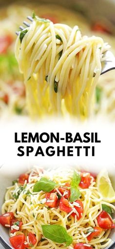 lemon basil spaghetti with tomatoes and basil on top