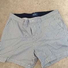 Blue Pinstripe Shorts From Old Navy Size 14 Never Worn Blue Bottoms With Contrast Stripes For Summer, Blue Striped Hem Bottoms For Summer, Summer Blue Bottoms With Striped Hem, Cheap Blue Buttoned Shorts, Casual Blue Bottoms With Striped Hem, Blue Summer Bottoms With Striped Hem, Casual Summer Pinstripe Bottoms, Striped Cotton Summer Bottoms, Blue Vertical Stripes Bottoms For Summer