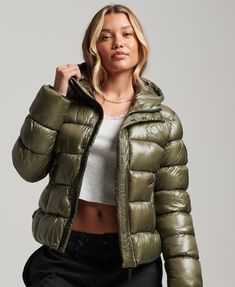 Superdry Hooded Shine Sports Puffer Jacket - Women's Womens Jackets Gilet Costume, Save The Duck, Shiny Fabric, Puffy Jacket, Mein Style, Shell Jacket, Down Coat, Green Jacket, Puffer Coat