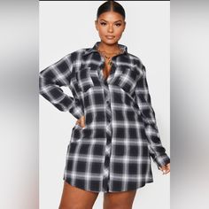 Black Checked Oversized Shirt Dress New With Tags Never Worn Trendy Oversized Shirt Dress For Fall, Black Relaxed Fit Button-up Shirt Dress, Chic Black Relaxed Fit Shirt Dress, Chic Black Shirt Dress With Relaxed Fit, Chic Plaid Long Sleeve Shirt Dress, Chic Long Sleeve Plaid Shirt Dress, Oversized Black Long Sleeve Shirt Dress, Casual Black Collared Shirt Dress, Black Oversized Button-up Shirt Dress