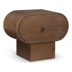 a wooden box with a button on the front and bottom, sitting on a white background