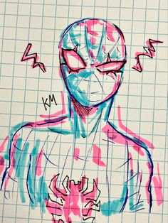 a drawing of a spider man with pink and blue lines on his chest, in front of a grid background