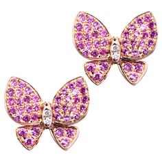 Alex Jona design collection, hand crafted in Italy, 18 karat rose gold butterfly stud earrings set with 4 white diamonds weighing 0.02 carats in total and 0.74 carats of pink sapphires. Dimensions: 0.47 in H x 0.511 in W x 0.11 in D - 12 mm H x 13 mm W x 3 mm D Alex Jona jewels stand out, not only for their special design and for the excellent quality of the gemstones, but also for the careful attention given to details during all the manufacturing process. Alex's passion for jewels flows in splendid pieces entirely hand-crafted according to the best goldsmith Italian tradition. This piece will arrive at your door beautifully gift wrapped in Alex Jona boxes, put inside an elegant pouch or jewel box. OUR STORY Walking past number eight of Via Bogino, Palazzo Balbo di Vinadio, a baroque buil Elegant Pouch, Rose Gold Butterfly, Butterfly Stud Earrings, Italian Traditions, Butterfly Earrings Stud, Jewel Box, Gold Butterfly, Stud Earrings Set, Design Collection