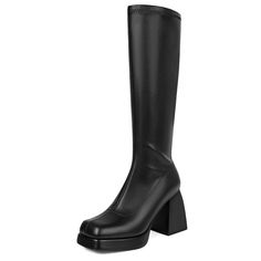 Knee High Square Toe Boots, Knee High Boots Wide Calf, Black Gogo Boots, Vegas Fits, Black Long Boots, Long Boots For Women, Black Chunky Boots, High Black Boots, Long Black Boots