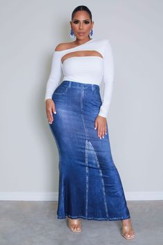 Elevate your casual look with our Melanie Denim-Effect Print Mermaid Hem Skirt. This maxi skirt features a plain pattern with a denim-like print, adding a touch of casual sophistication to your outfit. Crafted from knitted fabric, it offers both comfort and style. With a high waistline and mermaid hem, it accentuates your figure while maintaining a trendy silhouette. The skinny fit design adds a modern twist, making it perfect for everyday wear. Pair it with your favorite top for a chic and effo Trendy Denim Maxi Skirt With Flare, Trendy Denim Flare Skirt, Trendy Denim Wide-leg Maxi Skirt, Dark Wash Full Length Denim Skirt, Full Length Dark Wash Denim Skirt, Medium Wash Denim Long Skirt, Dark Wash Long Denim Skirt, Non-stretch Long Denim Skirt, Trendy Long Non-stretch Denim Skirt