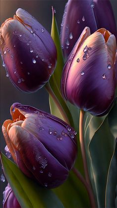 purple tulips with drops of water on them