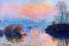 a painting of the setting sun over a body of water with trees and buildings in the background