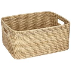 a large woven basket with handles on the bottom is shown in light brown and beige