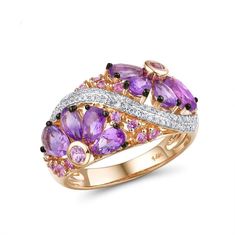 Genuine 14K Rose Gold Ring For Women Shimmering Diamond Fancy Pink Sapphire Amethyst Fantastic Wedding Band Fine Jewelry - jewelrycafee Rose Gold Flower Ring, Gold Ring For Women, Mystic Topaz Ring, Gold Flower Ring, Amethyst And Diamond Ring, Gold Beauty, Pink Sapphire Ring, 14k Rose Gold Ring, Rose Gold Pink