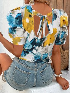 Women's Floral Print Short Puff Sleeve Shirt Multicolor Casual,Boho  Short Sleeve Woven Fabric Floral,All Over Print Top Non-Stretch  Women Clothing, size features are:Bust: ,Length: ,Sleeve Length: Puff Sleeve Shirt, Short Puff Sleeve, Fabric Floral, Puff Sleeve Blouse, Women Blouses, Floral Print Shorts, Boho Casual, Printed Ties, Print Tops