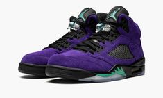 The Air Jordan 5 “Alternate Grape” is an equally impressive variation of the beloved “Grape” Jordan 5 colorway popularized by Will Smith on the “Fresh Prince of Bel-Air. ” The “Alternate Grape” displays an attention-grabbing all-Purple-everything suede upper, save for the contrasting black netting on the mid-panel and tongue.  The translucent lace lock and turquoise lace toggle and embroidered turquoise Jumpman on the black leather tongue provide a true-to-original vibe to contemporary design. Ultra Mini Ugg, Jordan V, Ugg Ultra Mini, All Jordans, Nike Air Jordan 5, Turquoise Lace, Prince Of Bel Air, Black Grapes, Jordan 5 Retro