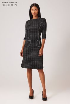 Color_Black Silver Trim Dress, Boucle Fabric, Jewel Neckline, Silver Jewels, A Line Skirt, Plaid Pattern, A Line Skirts, The Knee, Contemporary Style