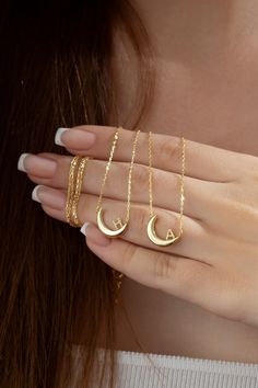 Crescent Moon Letter Necklace, Tiny Gold Diamond Initial Necklace, 14k 18k 10k Solid Gold Necklace, Personalized Birthday Gift for Her FEATURES * Solid Gold (real gold, not gold plated or gold filled material) * Gold Karat: 10K (417) - 14K (585) - 18K (750) (optional) * Pendant Height: 0.56 Inches (1.41 cm) * Pendant Width: 0.52 Inches (1.33 cm) * Available Gold Color: Yellow gold, rose gold and white gold (optional) * Diamond color: G-H Color * Diamond clarity: SI Wholesale requests are welcome Fine Jewelry Crescent Necklace As Gift, Dainty Crescent Jewelry For Anniversary, Elegant 14k Gold Half Moon Jewelry, Gold Moon Phase Necklace For Wedding, Wedding Fine Jewelry Necklace With Moon Charm, White Gold Crescent Necklace For Wedding, Elegant Half Moon 14k Gold Jewelry, Elegant Moon Shaped Yellow Gold Necklace, Elegant Half Moon Yellow Gold Jewelry