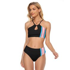 Adorable two-piece swimsuit with adjustable elasticity and a black tie binding the back Adorable two-piece swimsuit with adjustable elasticity and a black tie binding the back Please consult our sizing charts in the product images for a better fit! Products are made on-demand; allow 12-15 days for production & shipping depending on where you are; it could be longer. Any questions feel free to message us! We appreciate your patience! ● Fabric: 88% polyester and 12% spandex ● Skinny fit ● Spaghetti straps, cross back tie, front chest hollow ● Fabric weight: 250 g/m² ● Care Instruction: machine wash cold with similar colors, do not bleach, tumble dry low, do not iron, do not dry clean. ● This product is made on demand, with no minimum order quantity. ● Multiple shipping methods available, and Nonbinary Bathing Suit, Nonbinary Swimwear, Transmasc Swimwear, Trans Flag Outfit, Trans Swimwear, Trans Masculine Pride Flag, Black Swimwear, Black Tie, Spaghetti Strap