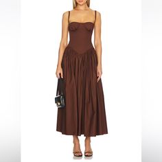 Tularosa Emma Midi Dress In Chocolate Brown. Size Xs. Worn Once (As Shown In Photo, Desperately Needed A Steam - I Also Have No Boobs, Unfortunately.) Incredibly Flattering. Refer To Measurements On Website For Sizing. Brown Dress Revolve. Purchased From Revolve. Embroidered Top Designs, Corset Midi Dress, The Mirage, Chocolate Brown Color, Felt Fedora, Romantic Dress, Silk Charmeuse, Metallic Dress, Online Dress Shopping