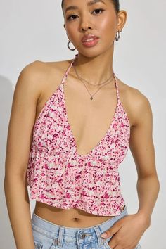 Madison Apron Back Halter Top, Boho Floral Summer V-neck Halter Top For Day Out, Backless Halter Top With Built-in Bra For Vacation, V-neck Halter Top With Built-in Bra For Vacation, Trendy V-neck Halter Top For Vacation, Pink Halter Top With Built-in Bra, Summer Crisscross Straps T-back Halter Top, Vacation Tops With Tie Back And Backless Shape, Vacation Tops With Tie Back And Backless Design, Vacation Backless Top With Tie Back