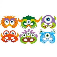 six different colored monster masks with big eyes