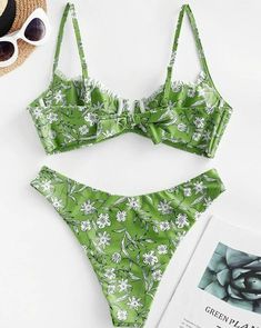 Flower Print Split Triangle Bikini - HouseofHalley Swimsuit Green, Zaful Swimwear, Underwire Top, Bathing Beauty, Trendy Swimsuits, Green Swimsuit, Cute Bathing Suits, Pool Parties, Green Onion