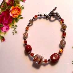 So Pretty With Silver Accented Beads And Handsome Closure. Copper Overtone On The Beads Brown Czech Glass Bracelets With Colorful Beads, Czech Glass Brown Bracelet With Colorful Beads, Brown Czech Glass Bracelet With Colorful Beads, Brown Crystal Bracelet With Colorful Round Beads, Elegant Czech Glass Beaded Bracelets With Colorful Beads, Elegant Glass Beaded Bracelets With Large Beads, Elegant Czech Glass Beaded Bracelet With Colorful Beads, Elegant Beaded Bracelet With Colorful Czech Glass Beads, Brown Beaded Chain Bracelets For Jewelry Making