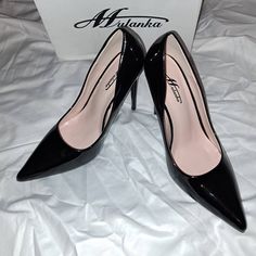 New From Overstock Europe - Ships From Arizona - Size 37 Eu Or 6.5-7 Us - New In Box Black Shiny Sexy Stilettos With 4 Inch Heel - Pointy Toe Shoe Super Sexy Perfect For Jeans Or Formal Black Fitted Court Shoes With 4-inch Heel, Black Pointed Toe Synthetic Heels, Black Synthetic Pointed Toe Heels, Black Pointed Toe Heels Fitted, Fitted Black Pointed Toe Heels, Black Round Toe Court Shoes For Night Out, Black Court Shoes With Round Toe For Night Out, Black High Heel Synthetic Court Shoes, Black High Heel Court Shoes For Night Out