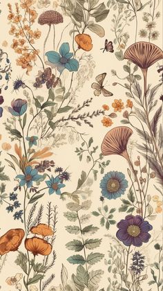 a wallpaper with flowers and butterflies on it