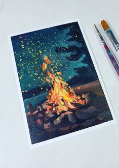 a drawing of a campfire with two markers next to it