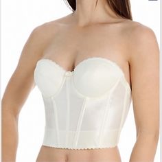 Va Bien Style 506.This Longline Vintage Bustier Features Lightly-Padded Underwire Cups, Front & Side Boning To Give Control & Support & Streamline Your Upper Torso. Featuring A Very Low "V" Back With Low-Profile Hook-And-Eye Closures For Your Backless Dresses. Made Of Polyester/Nylon/Spandex. Lightly Padded Underwire Cups Are Seamless On The Outside, With 3-Part Inside Construction. Sleek Surface - Clothes Do Not Stick. Clear Straps Included. Necessity For Prom, Cocktail Or Wedding! . Luxury White Low Back Dress, Luxury Strapless Backless Dress, Luxury Strapless Women's Tops, Strapless Bridal Bra, Luxury White Bra With Padded Cups, Luxury Bustier Top With Straps, Vintage Bustier, Strapless Bustier, Corset Fashion