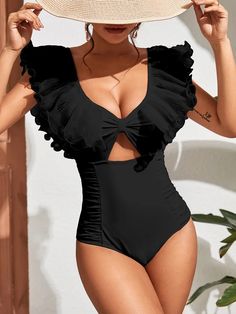 Zingj Sexy Ruffle Solid Floral One Piece Strappy Slimming Swimwear Women Swimsuit Deep-V Bathing Suit Summer Beach Wear Female V-neck One Pieces With Ruffles For Beach Season, Beach Season V-neck One Piece With Ruffles, V-neck Ruffled One Piece For The Beach, V-neck Ruffled Swimwear For Sunbathing, Ruffled V-neck Swimwear For Beach, Women Swimsuit, Swimwear Women, Floral One Piece, Beach Wears